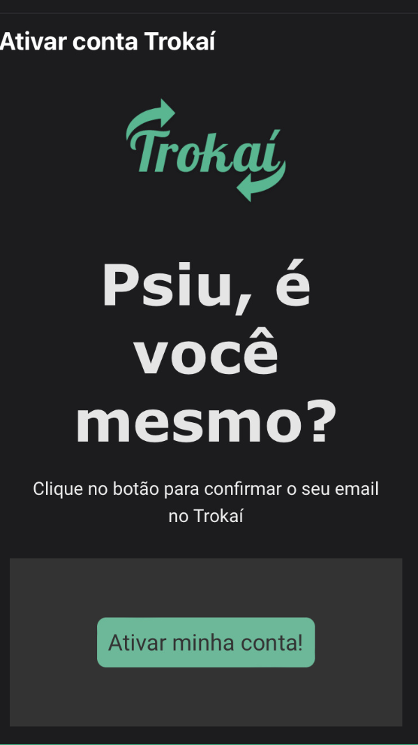 Print de tela da solicitação de confirmação de email no aplicativo Trokaí.