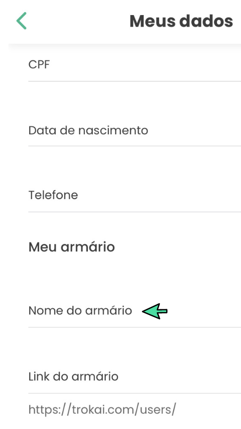 Print de tela da aba "Meus dados" no aplicativo Trokaí.